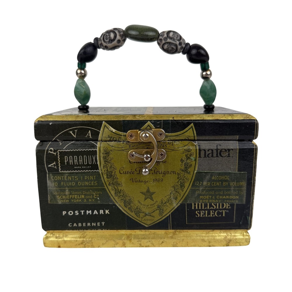 Handmade Wine Label Wooden Box‎ Purse Black Beaded Handle Velvet Lined Small